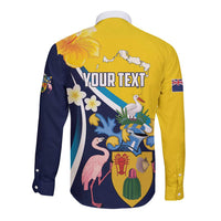 Personalised Turks and Caicos Islands Long Sleeve Button Shirt Coat Of Arms Tropical Flowers