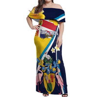 Personalised Turks and Caicos Islands Off Shoulder Maxi Dress Coat Of Arms Tropical Flowers