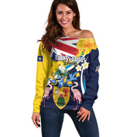 Personalised Turks and Caicos Islands Off Shoulder Sweater Coat Of Arms Tropical Flowers