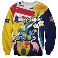 Personalised Turks and Caicos Islands Sweatshirt Coat Of Arms Tropical Flowers