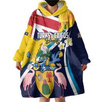 Personalised Turks and Caicos Islands Wearable Blanket Hoodie Coat Of Arms Tropical Flowers