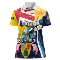 Personalised Turks and Caicos Islands Women Polo Shirt Coat Of Arms Tropical Flowers