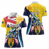 Personalised Turks and Caicos Islands Women Polo Shirt Coat Of Arms Tropical Flowers