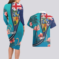 Turks and Caicos Islands Flamingo Couples Matching Long Sleeve Bodycon Dress and Hawaiian Shirt Zipper Stylized