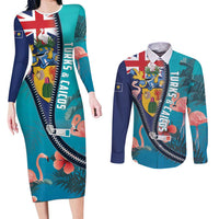 Turks and Caicos Islands Flamingo Couples Matching Long Sleeve Bodycon Dress and Long Sleeve Button Shirt Zipper Stylized