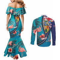 Turks and Caicos Islands Flamingo Couples Matching Mermaid Dress and Long Sleeve Button Shirt Zipper Stylized