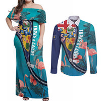 Turks and Caicos Islands Flamingo Couples Matching Off Shoulder Maxi Dress and Long Sleeve Button Shirt Zipper Stylized