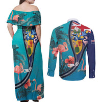 Turks and Caicos Islands Flamingo Couples Matching Off Shoulder Maxi Dress and Long Sleeve Button Shirt Zipper Stylized
