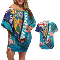 Turks and Caicos Islands Flamingo Couples Matching Off Shoulder Short Dress and Hawaiian Shirt Zipper Stylized