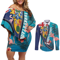 Turks and Caicos Islands Flamingo Couples Matching Off Shoulder Short Dress and Long Sleeve Button Shirt Zipper Stylized