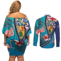 Turks and Caicos Islands Flamingo Couples Matching Off Shoulder Short Dress and Long Sleeve Button Shirt Zipper Stylized