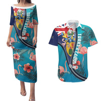 Turks and Caicos Islands Flamingo Couples Matching Puletasi and Hawaiian Shirt Zipper Stylized