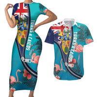 Turks and Caicos Islands Flamingo Couples Matching Short Sleeve Bodycon Dress and Hawaiian Shirt Zipper Stylized