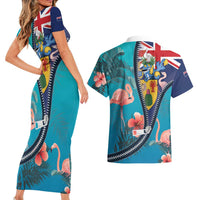 Turks and Caicos Islands Flamingo Couples Matching Short Sleeve Bodycon Dress and Hawaiian Shirt Zipper Stylized