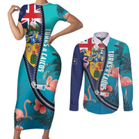 Turks and Caicos Islands Flamingo Couples Matching Short Sleeve Bodycon Dress and Long Sleeve Button Shirt Zipper Stylized