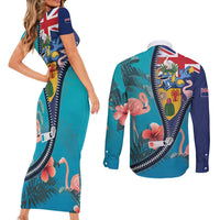 Turks and Caicos Islands Flamingo Couples Matching Short Sleeve Bodycon Dress and Long Sleeve Button Shirt Zipper Stylized