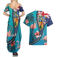 Turks and Caicos Islands Flamingo Couples Matching Summer Maxi Dress and Hawaiian Shirt Zipper Stylized