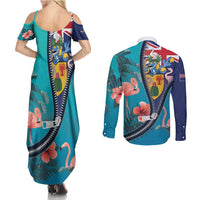 Turks and Caicos Islands Flamingo Couples Matching Summer Maxi Dress and Long Sleeve Button Shirt Zipper Stylized