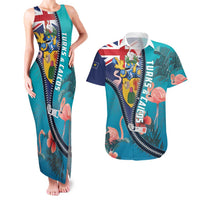 Turks and Caicos Islands Flamingo Couples Matching Tank Maxi Dress and Hawaiian Shirt Zipper Stylized