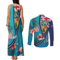 Turks and Caicos Islands Flamingo Couples Matching Tank Maxi Dress and Long Sleeve Button Shirt Zipper Stylized