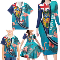 Turks and Caicos Islands Flamingo Family Matching Long Sleeve Bodycon Dress and Hawaiian Shirt Zipper Stylized