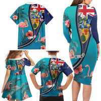 Turks and Caicos Islands Flamingo Family Matching Long Sleeve Bodycon Dress and Hawaiian Shirt Zipper Stylized