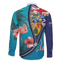 Turks and Caicos Islands Flamingo Family Matching Long Sleeve Bodycon Dress and Hawaiian Shirt Zipper Stylized