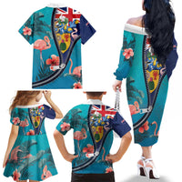 Turks and Caicos Islands Flamingo Family Matching Off The Shoulder Long Sleeve Dress and Hawaiian Shirt Zipper Stylized
