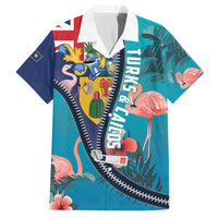 Turks and Caicos Islands Flamingo Family Matching Off The Shoulder Long Sleeve Dress and Hawaiian Shirt Zipper Stylized