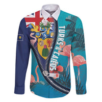 Turks and Caicos Islands Flamingo Family Matching Off Shoulder Short Dress and Hawaiian Shirt Zipper Stylized