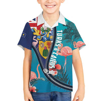 Turks and Caicos Islands Flamingo Family Matching Off Shoulder Short Dress and Hawaiian Shirt Zipper Stylized