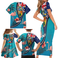 Turks and Caicos Islands Flamingo Family Matching Short Sleeve Bodycon Dress and Hawaiian Shirt Zipper Stylized