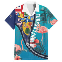 Turks and Caicos Islands Flamingo Family Matching Short Sleeve Bodycon Dress and Hawaiian Shirt Zipper Stylized