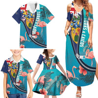 Turks and Caicos Islands Flamingo Family Matching Summer Maxi Dress and Hawaiian Shirt Zipper Stylized
