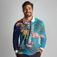 Turks and Caicos Islands Flamingo Long Sleeve Polo Shirt Zipper Stylized
