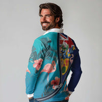 Turks and Caicos Islands Flamingo Long Sleeve Polo Shirt Zipper Stylized