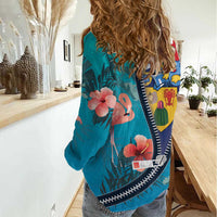 Turks and Caicos Islands Flamingo Women Casual Shirt Zipper Stylized