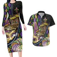 Personalized Mardi Gras Alligator Couples Matching Long Sleeve Bodycon Dress and Hawaiian Shirt Colorful Zipper Stylized