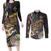 Personalized Mardi Gras Alligator Couples Matching Long Sleeve Bodycon Dress and Long Sleeve Button Shirt Colorful Zipper Stylized
