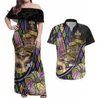 Personalized Mardi Gras Alligator Couples Matching Off Shoulder Maxi Dress and Hawaiian Shirt Colorful Zipper Stylized