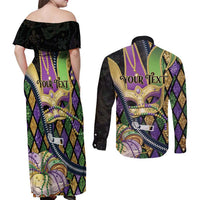 Personalized Mardi Gras Alligator Couples Matching Off Shoulder Maxi Dress and Long Sleeve Button Shirt Colorful Zipper Stylized