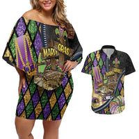 Personalized Mardi Gras Alligator Couples Matching Off Shoulder Short Dress and Hawaiian Shirt Colorful Zipper Stylized