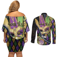 Personalized Mardi Gras Alligator Couples Matching Off Shoulder Short Dress and Long Sleeve Button Shirt Colorful Zipper Stylized