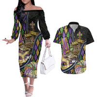 Personalized Mardi Gras Alligator Couples Matching Off The Shoulder Long Sleeve Dress and Hawaiian Shirt Colorful Zipper Stylized