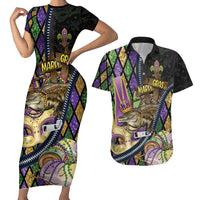 Personalized Mardi Gras Alligator Couples Matching Short Sleeve Bodycon Dress and Hawaiian Shirt Colorful Zipper Stylized