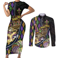 Personalized Mardi Gras Alligator Couples Matching Short Sleeve Bodycon Dress and Long Sleeve Button Shirt Colorful Zipper Stylized