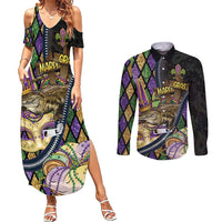 Personalized Mardi Gras Alligator Couples Matching Summer Maxi Dress and Long Sleeve Button Shirt Colorful Zipper Stylized