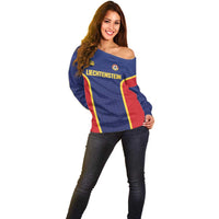 Custom Football 2026 Liechtenstein Off Shoulder Sweater Blau-Rot Come On