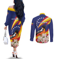 Venezuela Independence Day Couples Matching Off The Shoulder Long Sleeve Dress and Long Sleeve Button Shirt Venezuelan Troupial Cattleya Mossiae