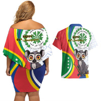 Comoros Independence Day Couples Matching Off Shoulder Short Dress and Hawaiian Shirt 1975 Komori Mongoose Lemur African Pattern - Wonder Print Shop